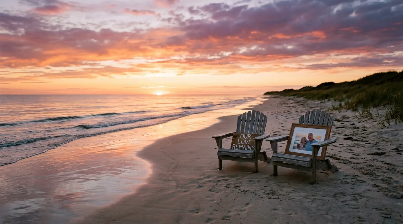 Four people standing together on a serene beach near sand dunes at sunset, with two empty beach chairs nearby.