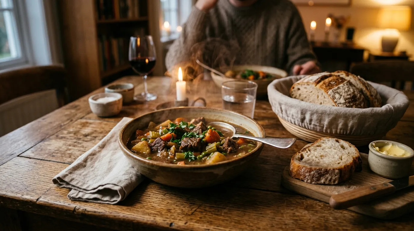 A steaming bowl of homemade beef stew and fresh bread on a dining table
