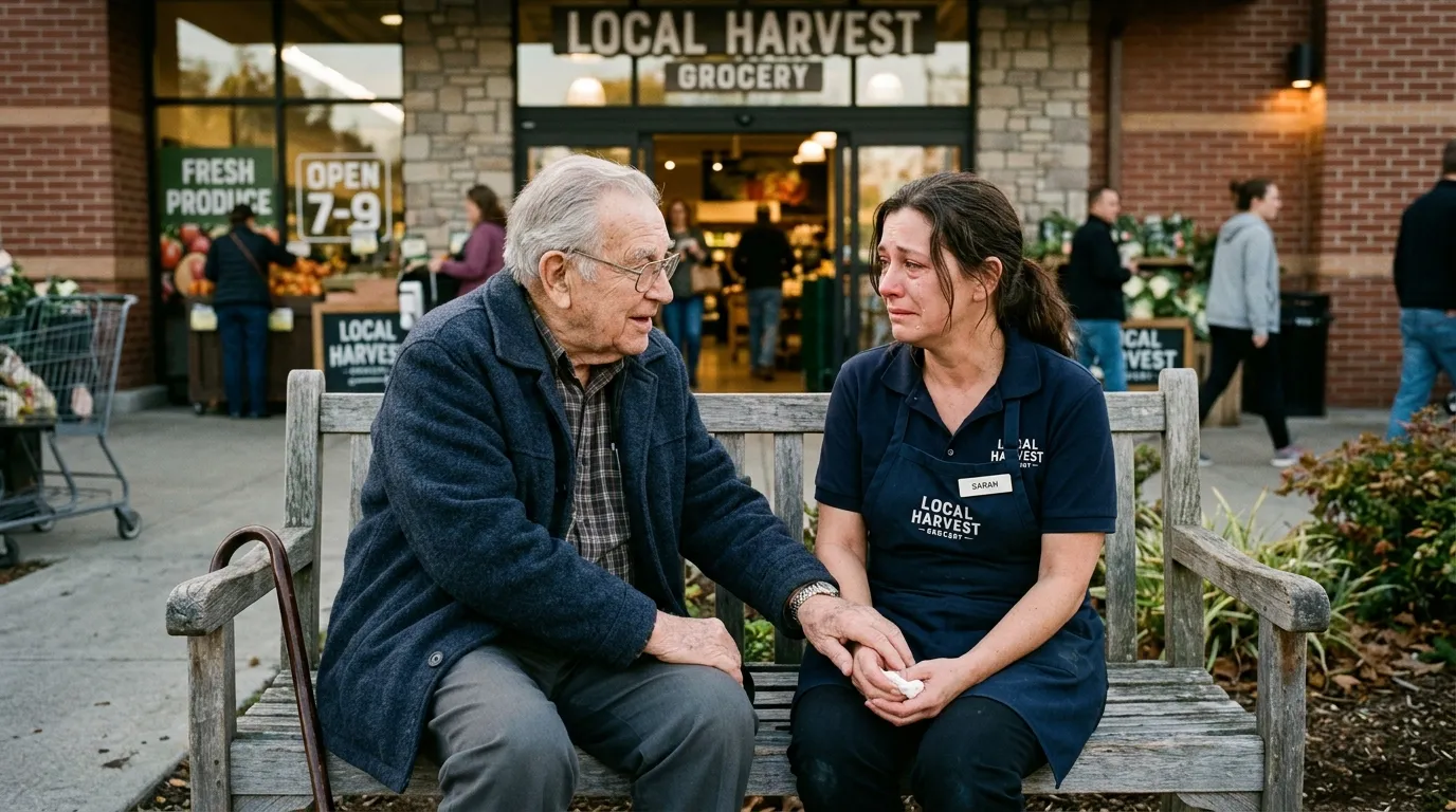 An elderly man and a cashier having an emotional conversation on a wooden bench outside a store.