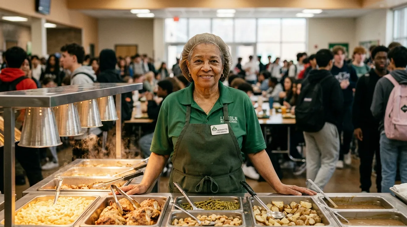Bernadette the cafeteria worker smiling warmly behind the serving counter.