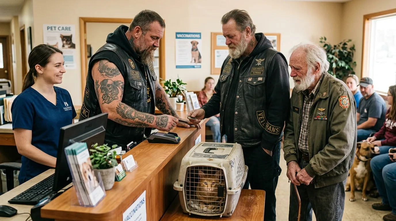 Giant biker paying the vet bill for an elderly veteran's cat