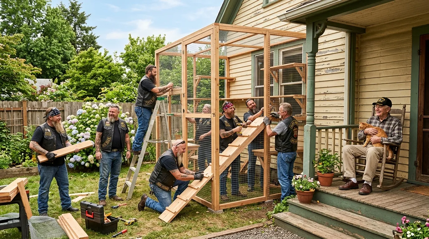 Biker club building a wooden cat enclosure in a backyard