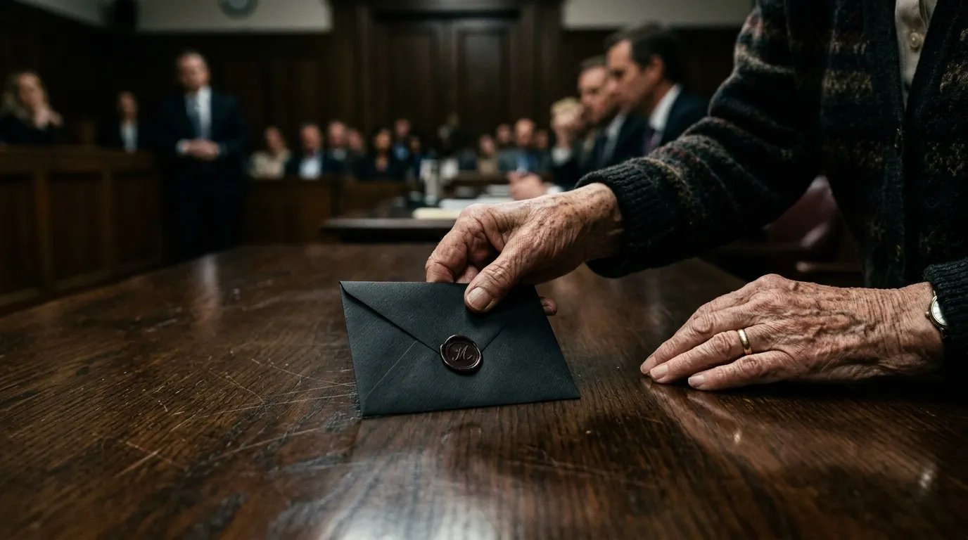Elderly hands placing a black envelope onto a courtroom table