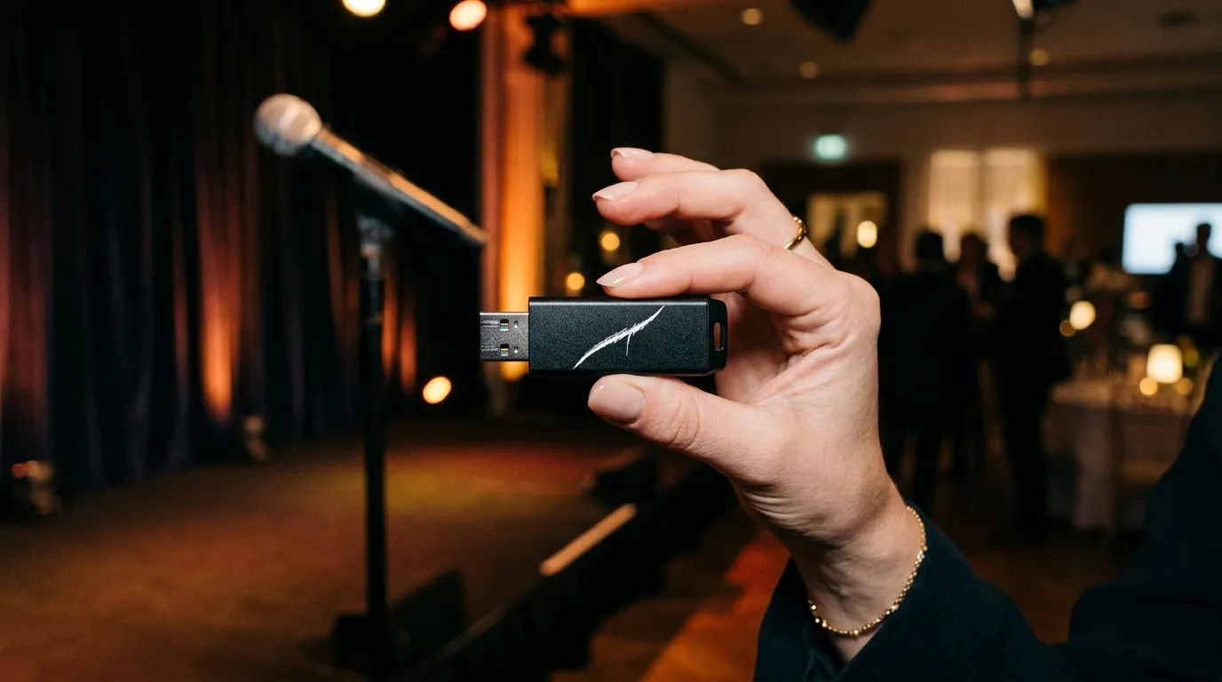 A black USB flash drive with a white scratch held up as evidence.