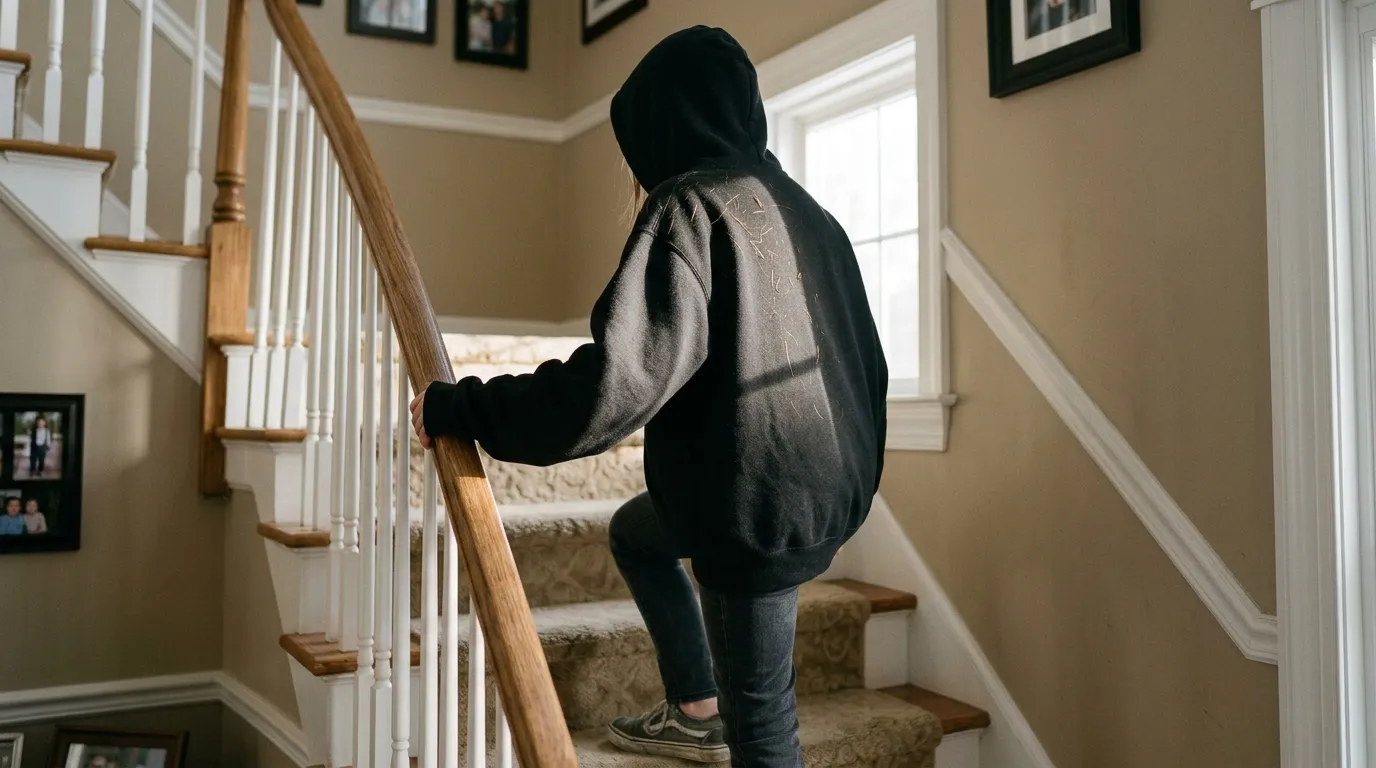 A young girl walking up the stairs wearing a heavy black hoodie in the summer
