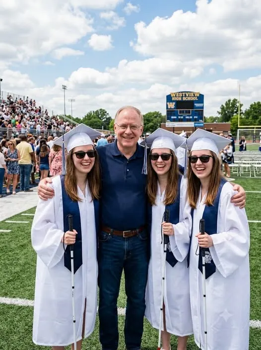 Three blind teenage girls in graduation gowns smiling proudly with their father.