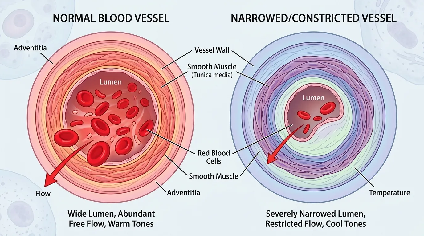 Illustration comparing a normal blood vessel to a constricted one