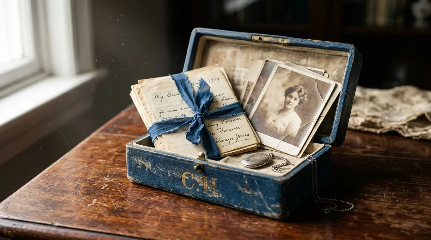 A weathered blue leather box revealing old photographs and letters