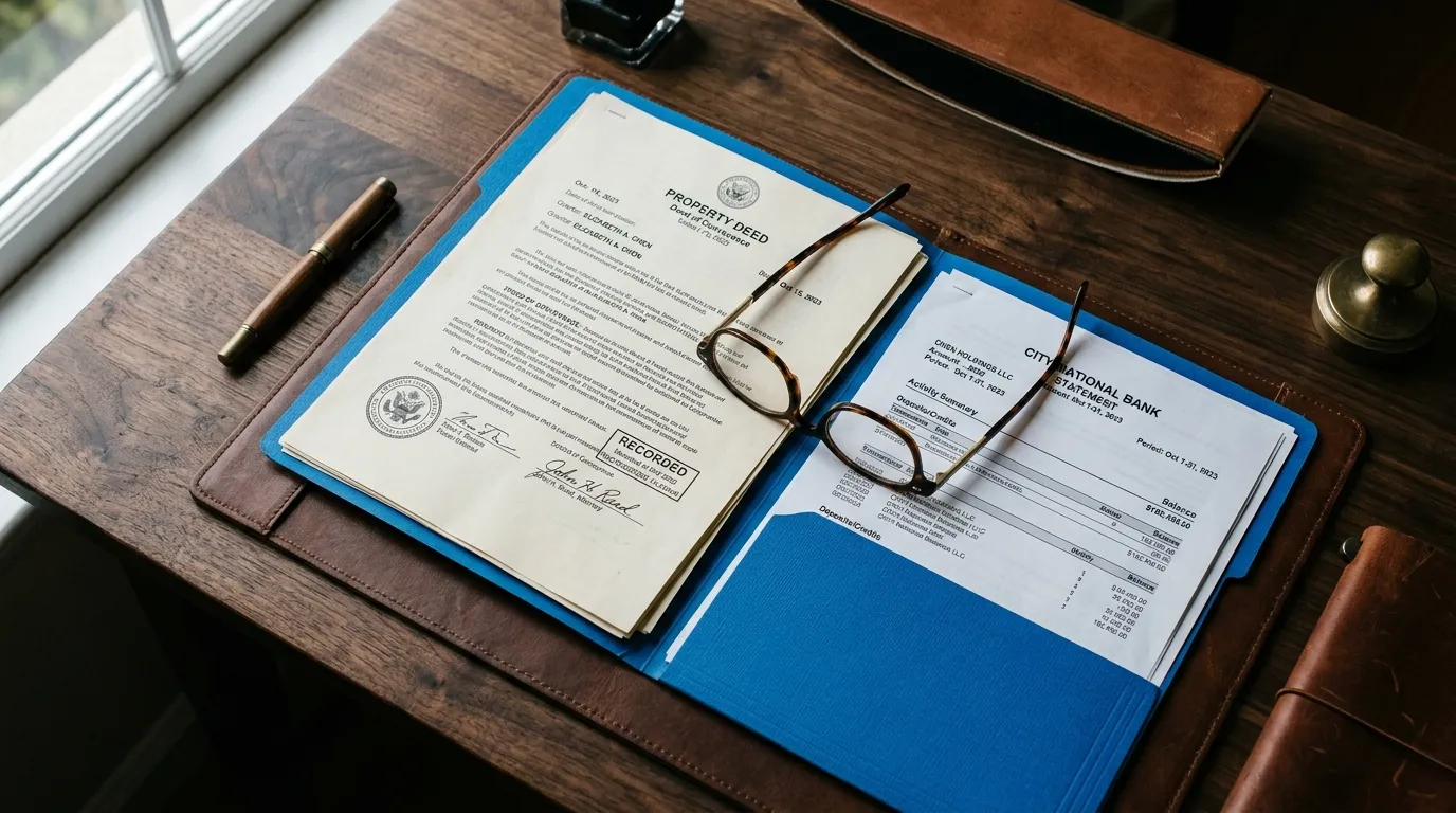 A blue folder containing property deeds and bank statements on a lawyer's desk