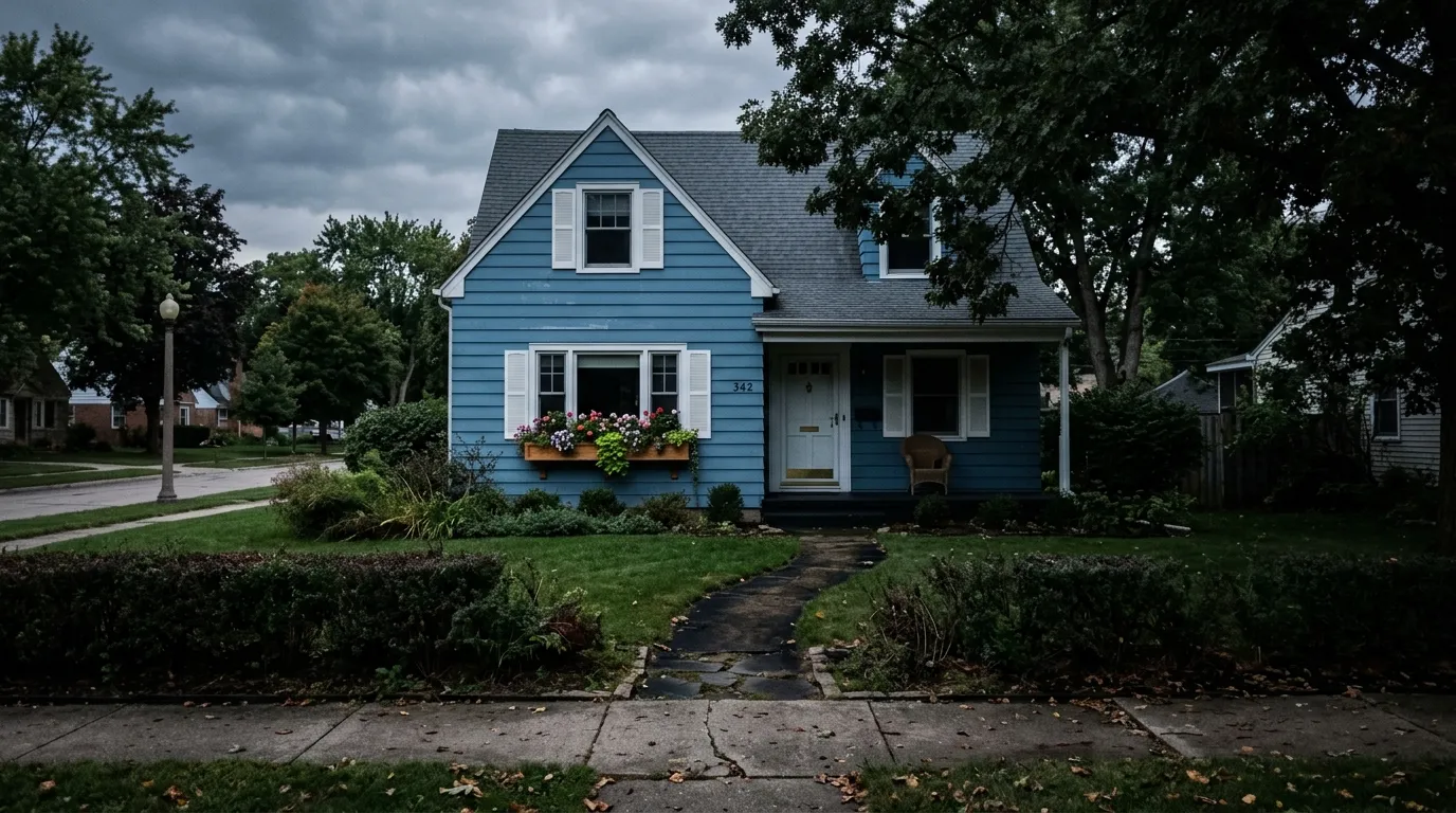 A modest blue suburban house with white shutters and a flower window box