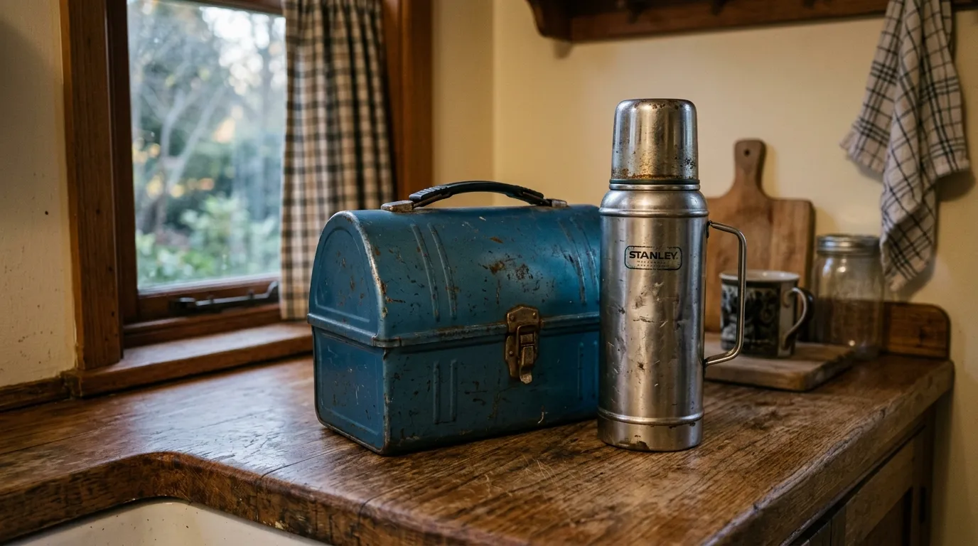 A weathered blue metal lunchbox sitting on a kitchen counter next to a thermos in the dim morning light.