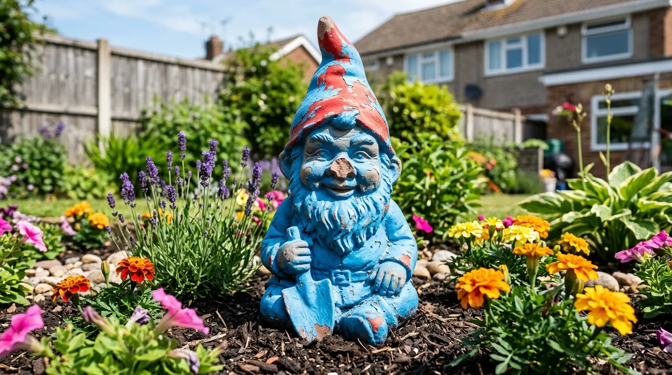 A garden gnome poorly painted blue sitting in a flower bed