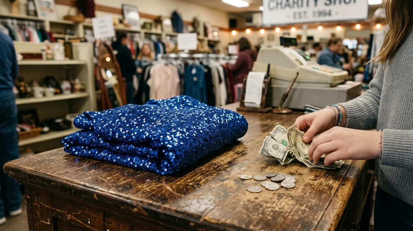 Blue sequined prom dress on a wooden counter with crumpled dollar bills