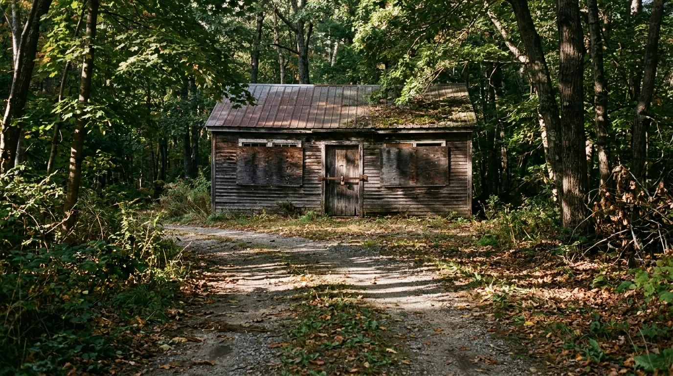 An old, boarded-up garage at the end of a long driveway.