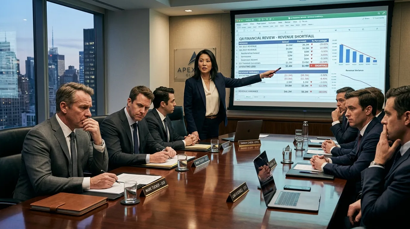 A tense corporate boardroom scene with a confident woman projecting financial spreadsheets on a screen while executives watch in shock.