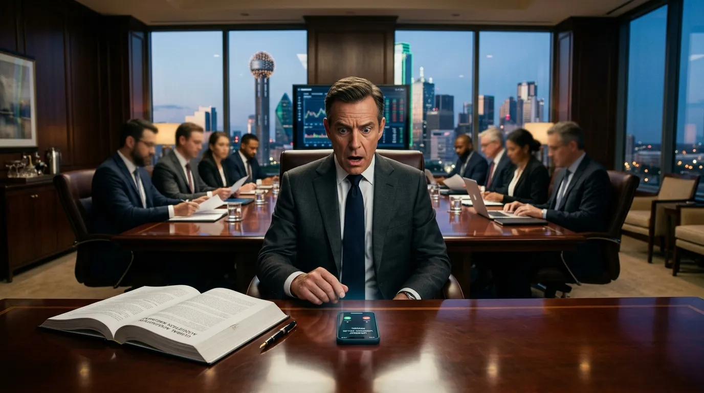 Businessman looking shocked at his ringing phone in a corporate boardroom
