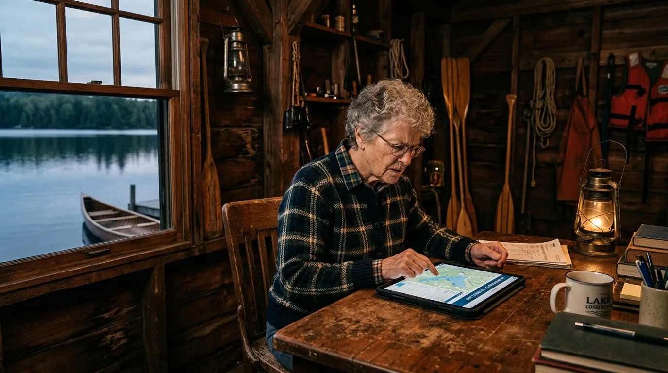 An older woman sits at a vintage wooden desk in a dimly lit boathouse, operating a tablet.