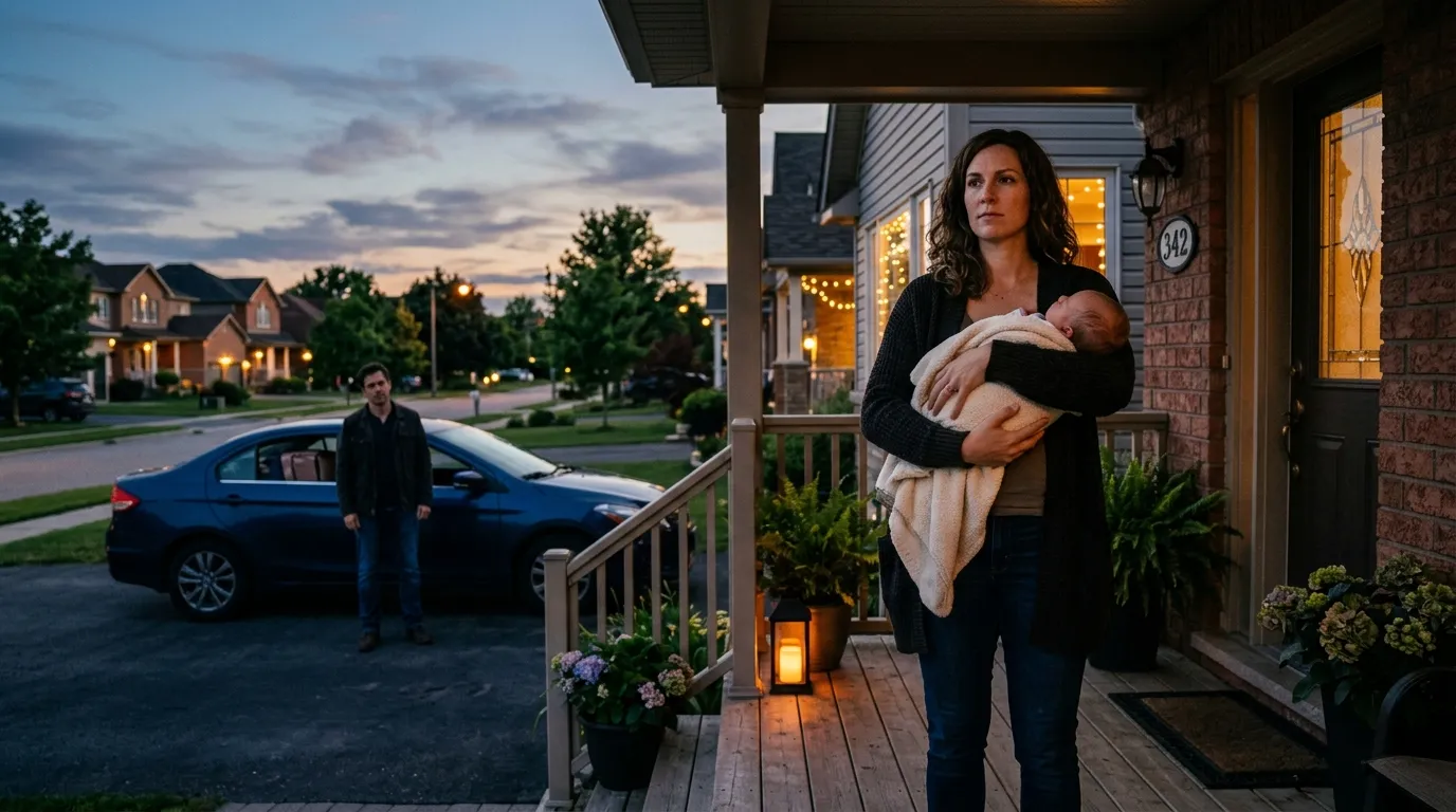 Woman holding baby standing strongly on a porch while a man looks back regretfully from his car.