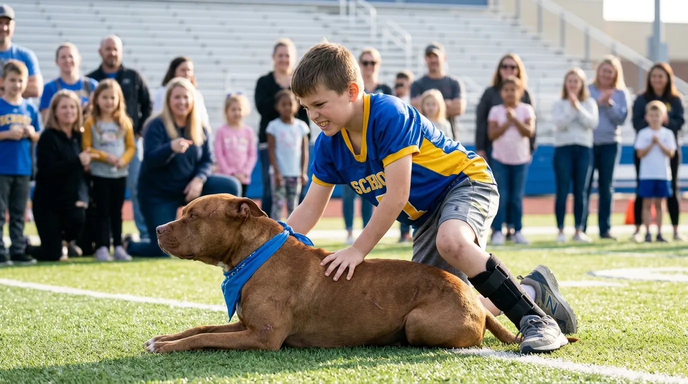 A disabled boy sitting in the dirt while a massive, scarred dog gently nudges his hand.