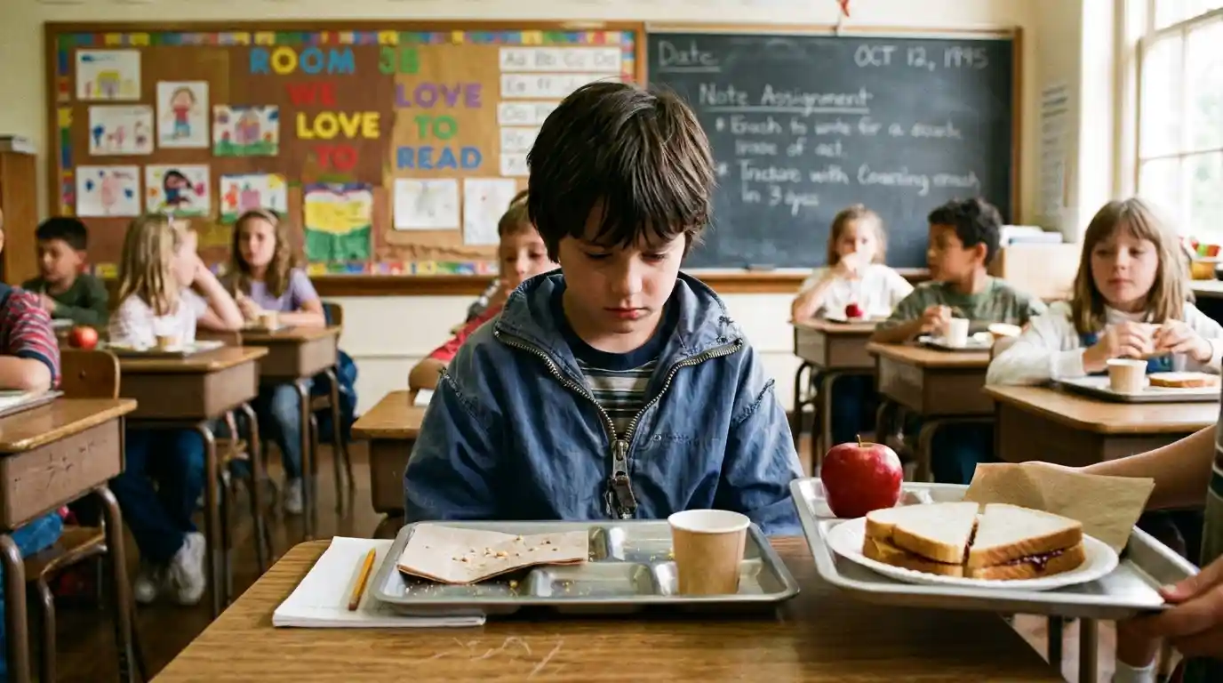 A young boy in a worn jacket looking at a lunch tray placed on his school desk