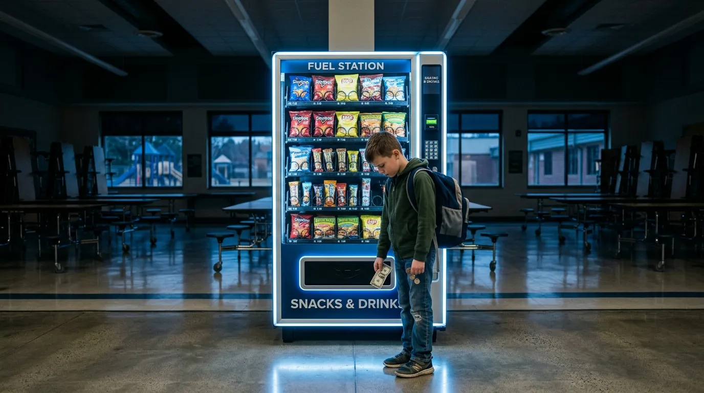 A sad young boy looking at an empty cafeteria vending machine