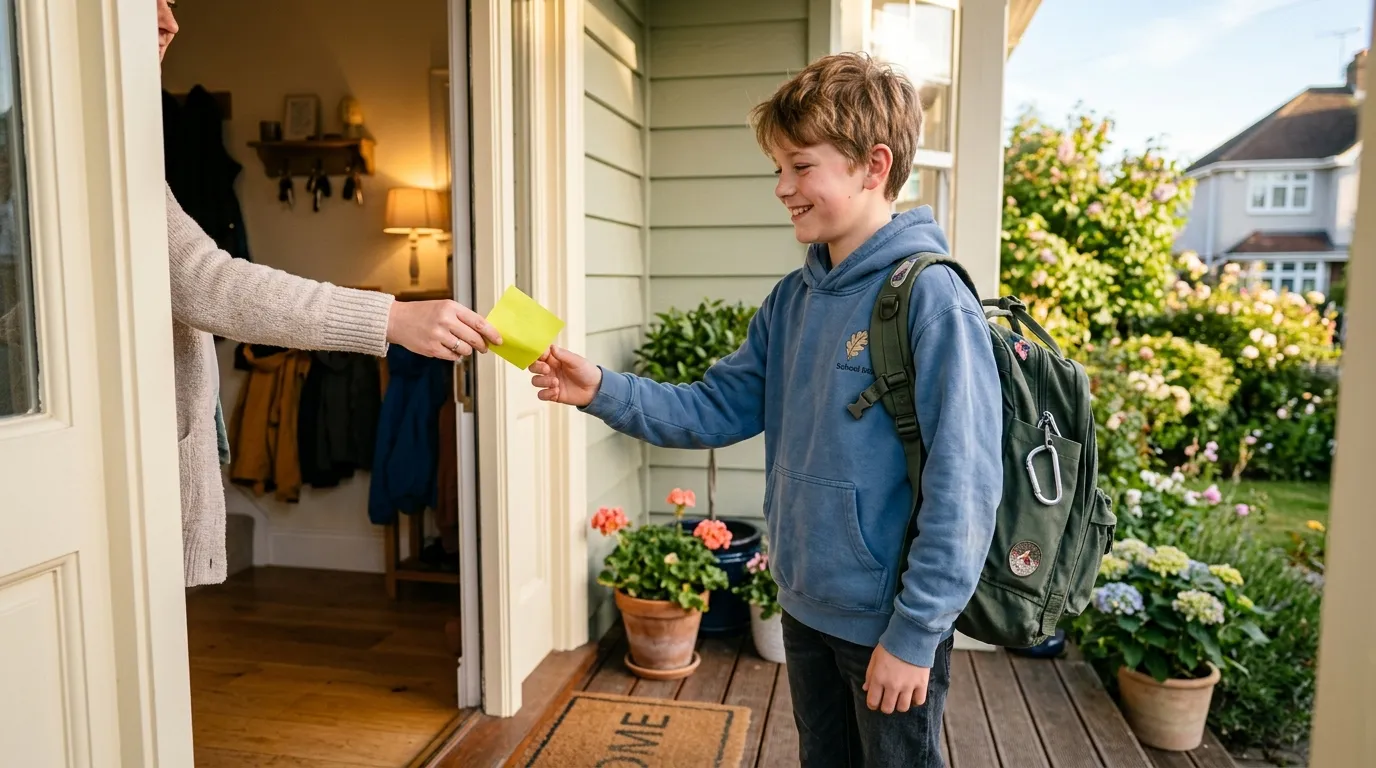A smiling twelve-year-old boy with a backpack standing by a front door, holding a small yellow sticky note.