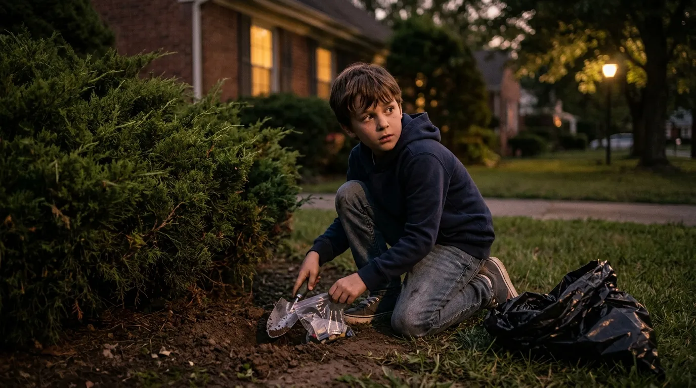 Nine-year-old Ben crouching near a bush hiding a small plastic bag