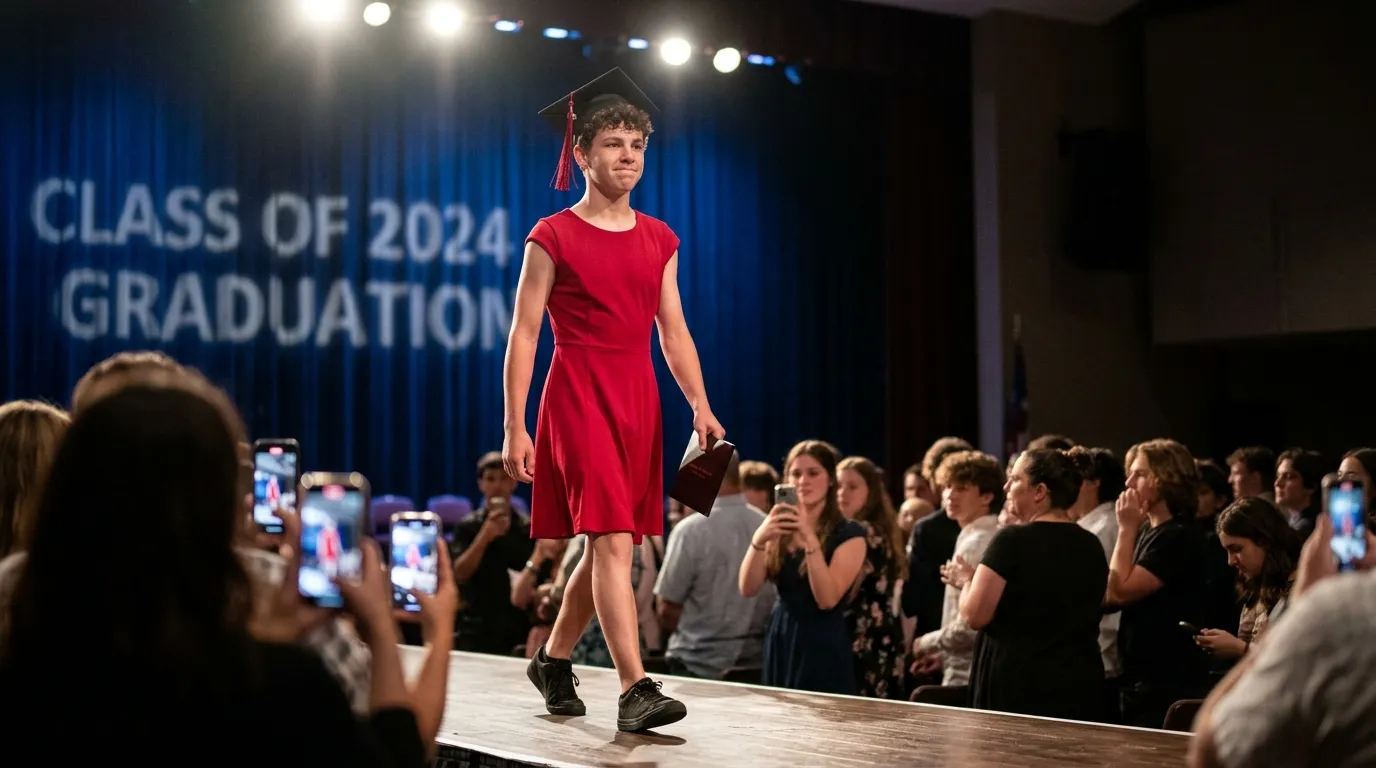 Boy walking across a graduation stage in a red dress as people whisper in the background