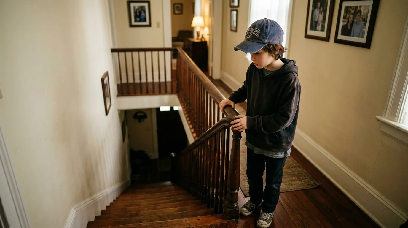 A 12-year-old boy wearing an old baseball cap looking down from a staircase