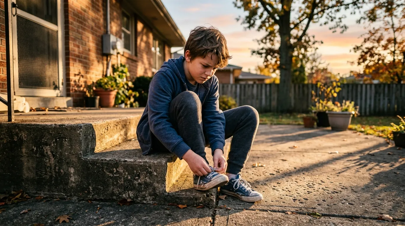 A twelve-year-old boy in a blue hoodie sitting alone on concrete patio steps, looking conflicted and sad.