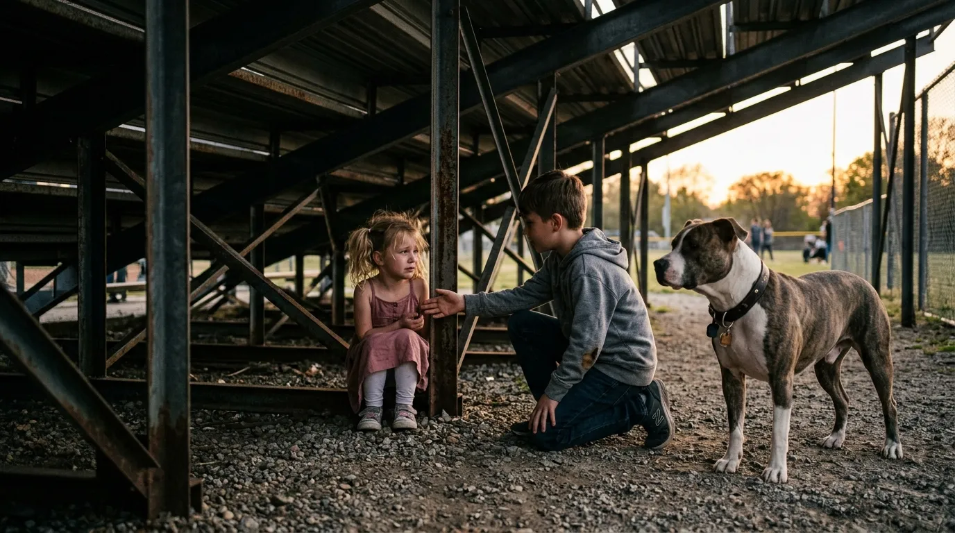 A boy reaches out to a frightened little girl hiding under dark metal bleachers.