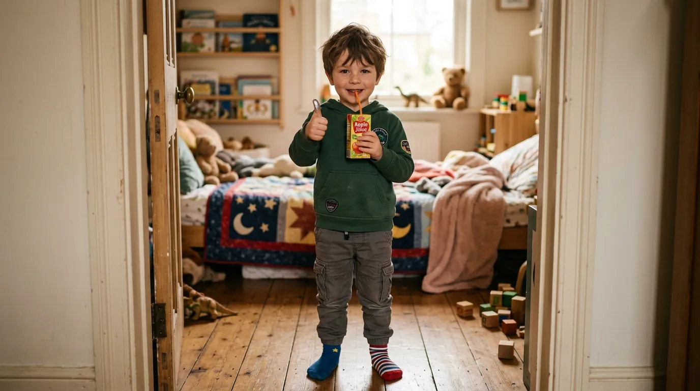 A 5-year-old boy holding a juice box with silver paint smudged on his thumb