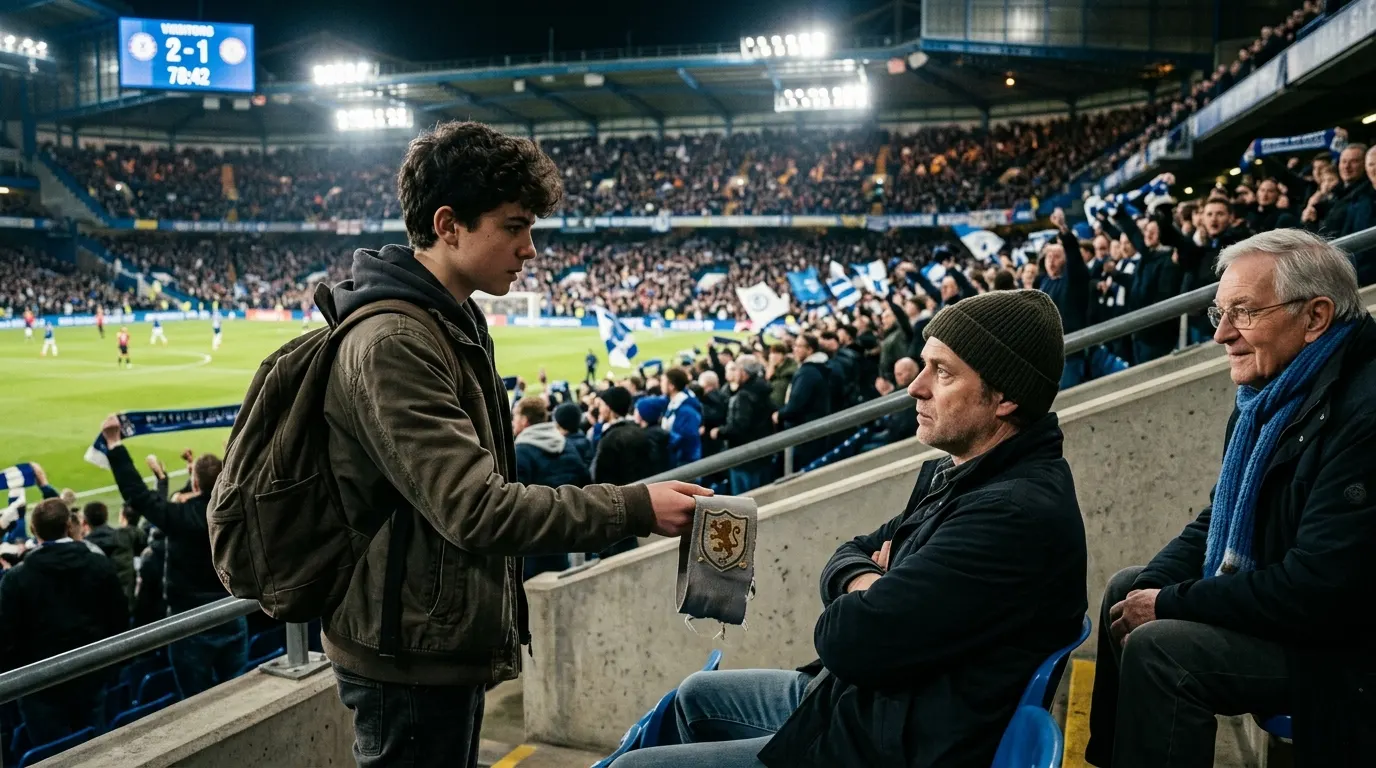 A teenage boy in a stadium holding a vintage captain's armband, looking at his sitting father.