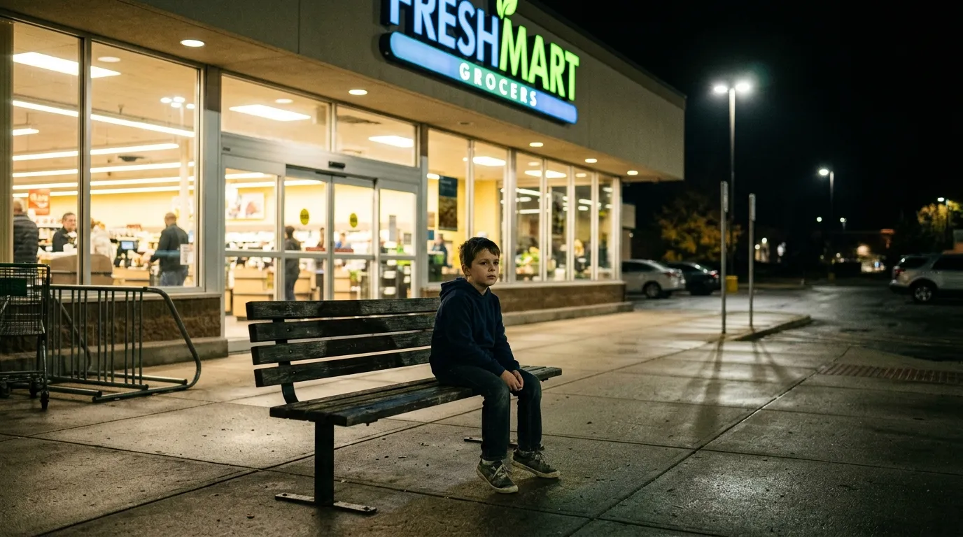 Young boy sitting alone on a bench outside a grocery store at night