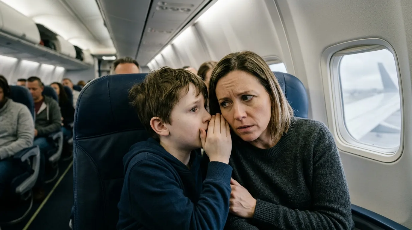 A 10-year-old boy whispering a shocking secret to his mother on an airplane