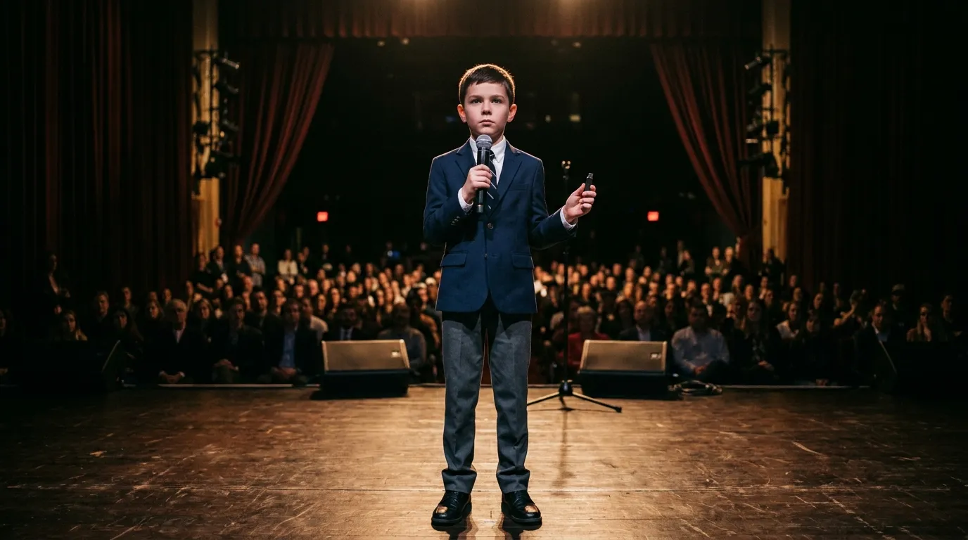 A young boy in a blazer standing on stage, holding a microphone and a USB drive.