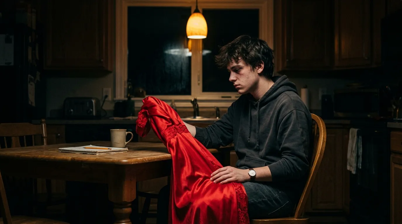 Teenage boy holding a red dress in a dimly lit kitchen at night