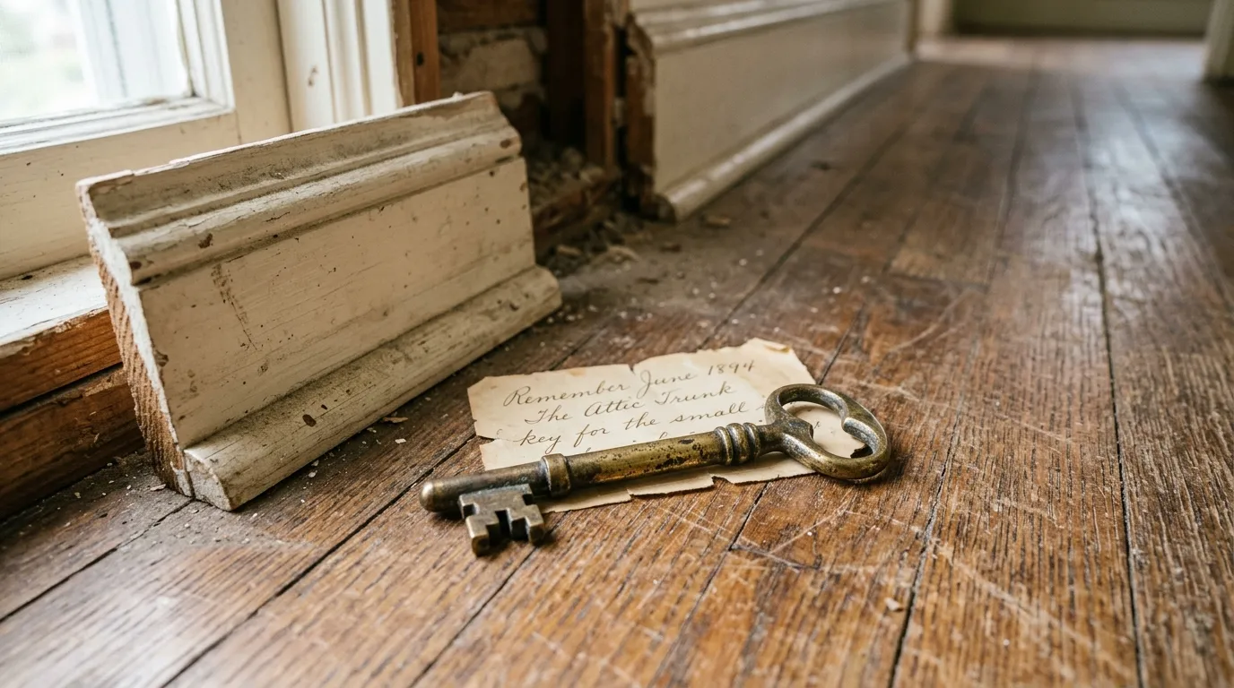 A vintage brass key resting on a scratched oak floor next to pulled-back wooden molding.
