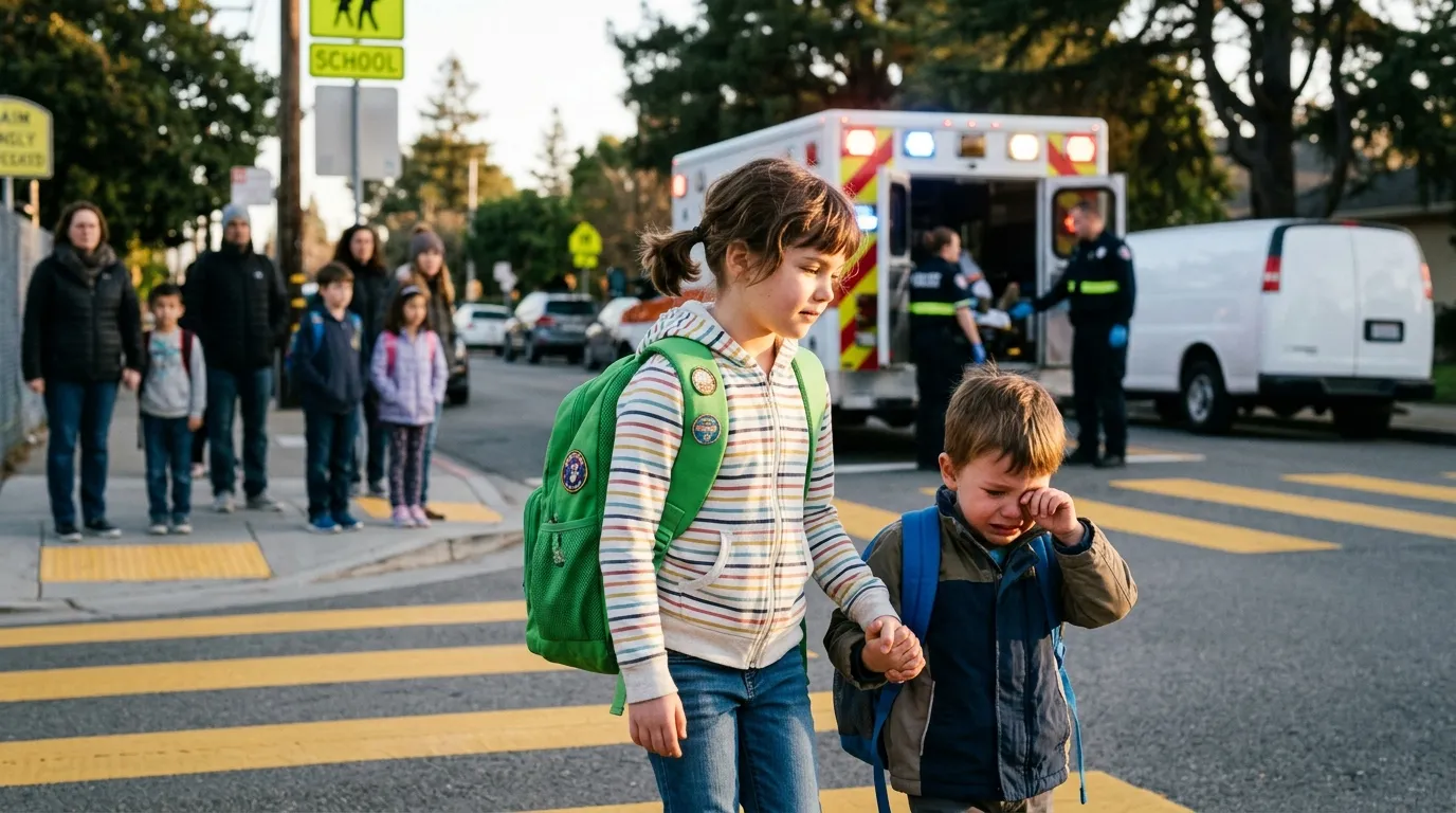 A young girl calmly holding the hand of a crying boy near a crosswalk, leading him away from a scene with an ambulance.