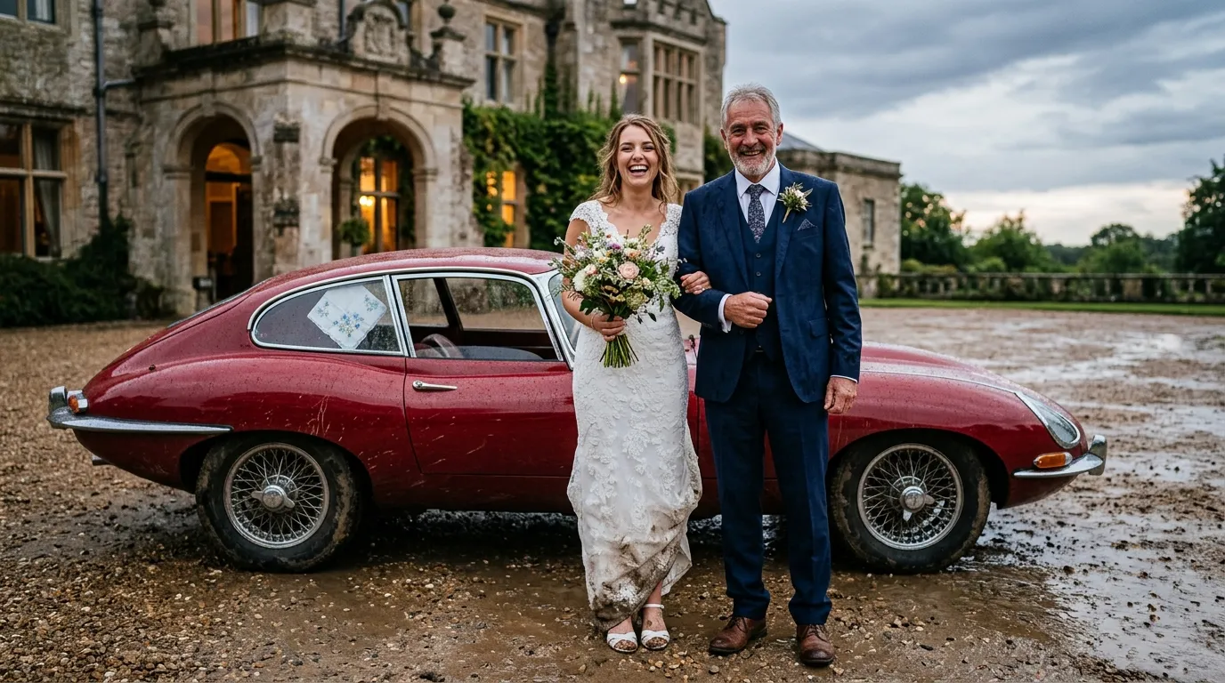 Elara in her mud-stained wedding dress standing next to her father Silas and the muddy vintage car outside the venue.
