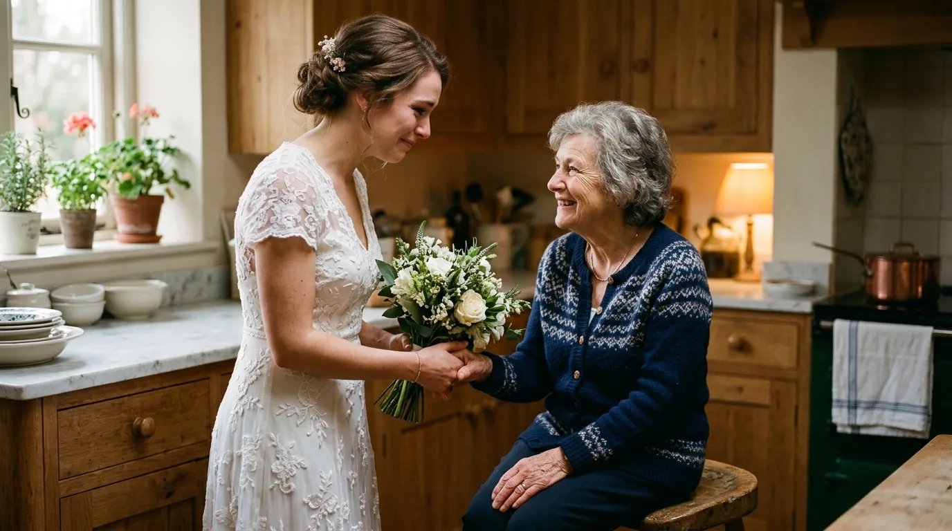 A young bride standing in a softly lit kitchen, looking tenderly at an older woman