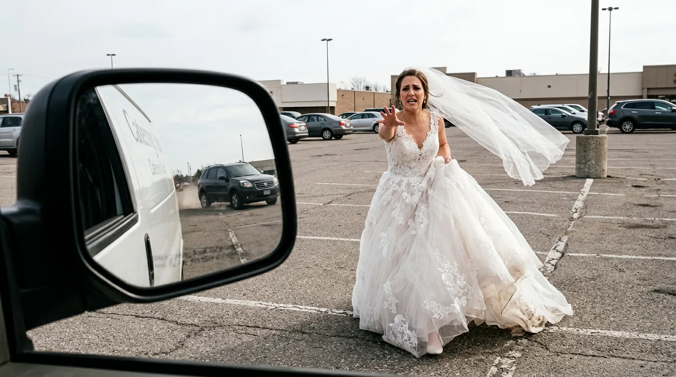 A bride in her wedding dress running desperately across a parking lot
