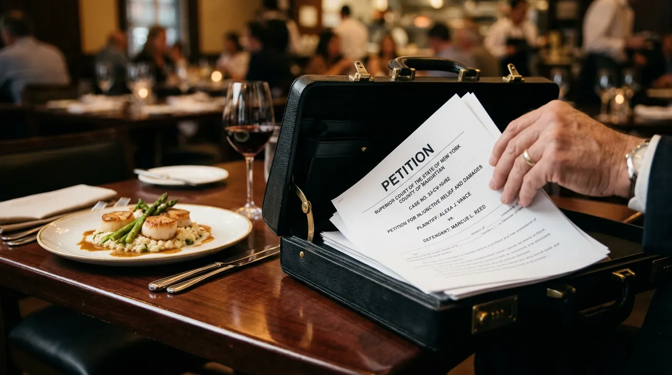 A sleek black leather briefcase resting on a polished dining table with official legal divorce papers spilling out next to a dinner plate.