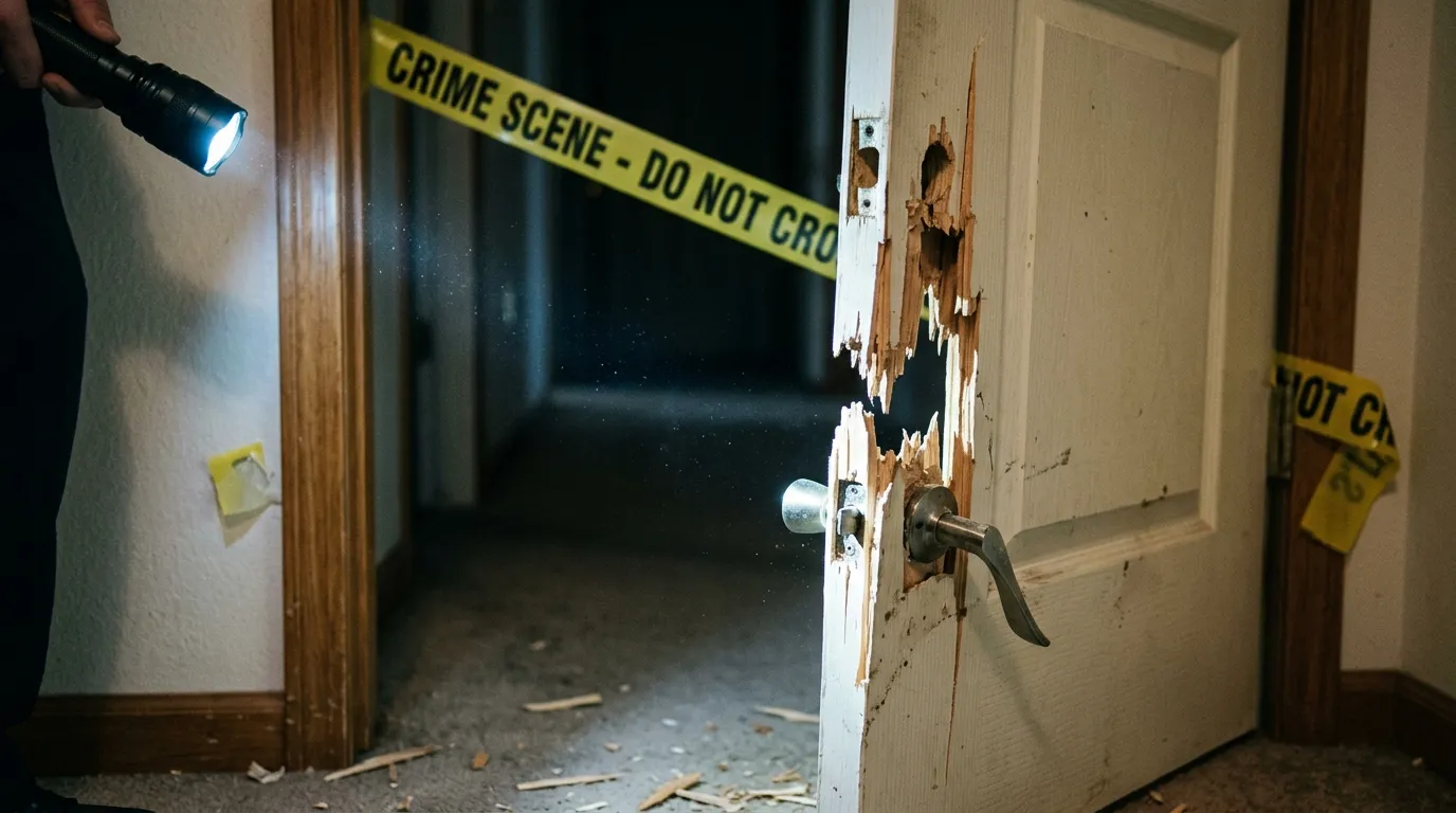 A shattered wooden bedroom door frame marked with police caution tape.