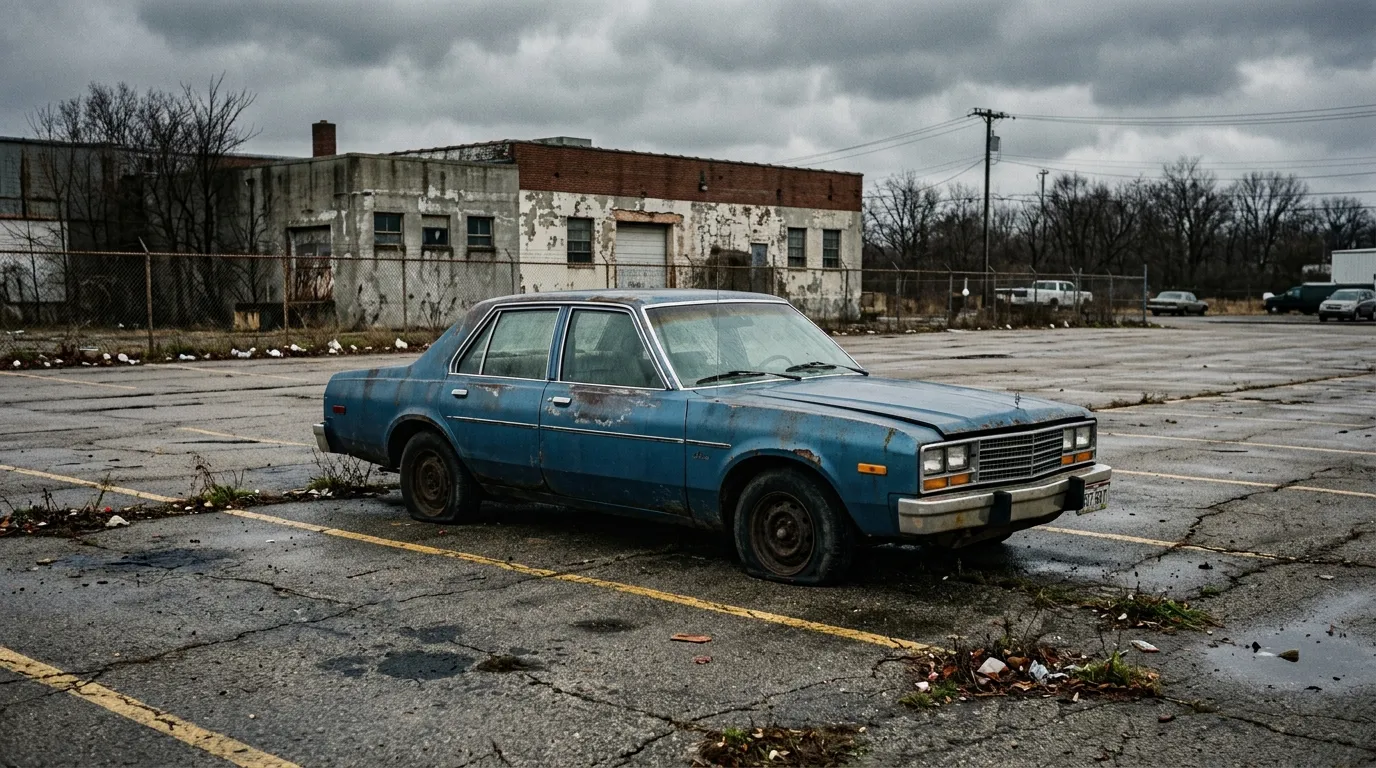 An old blue sedan broken down in a gloomy parking lot.