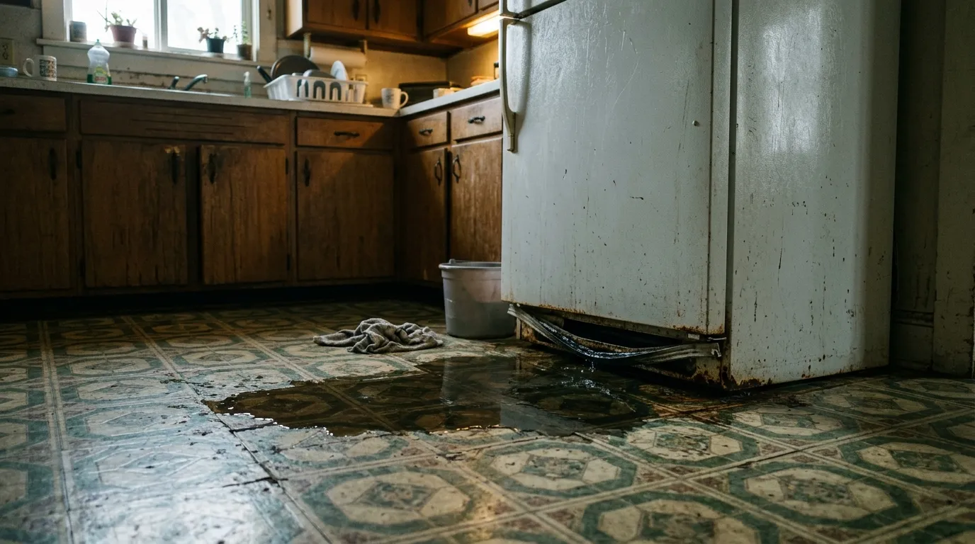 Puddle of water leaking from an old broken refrigerator