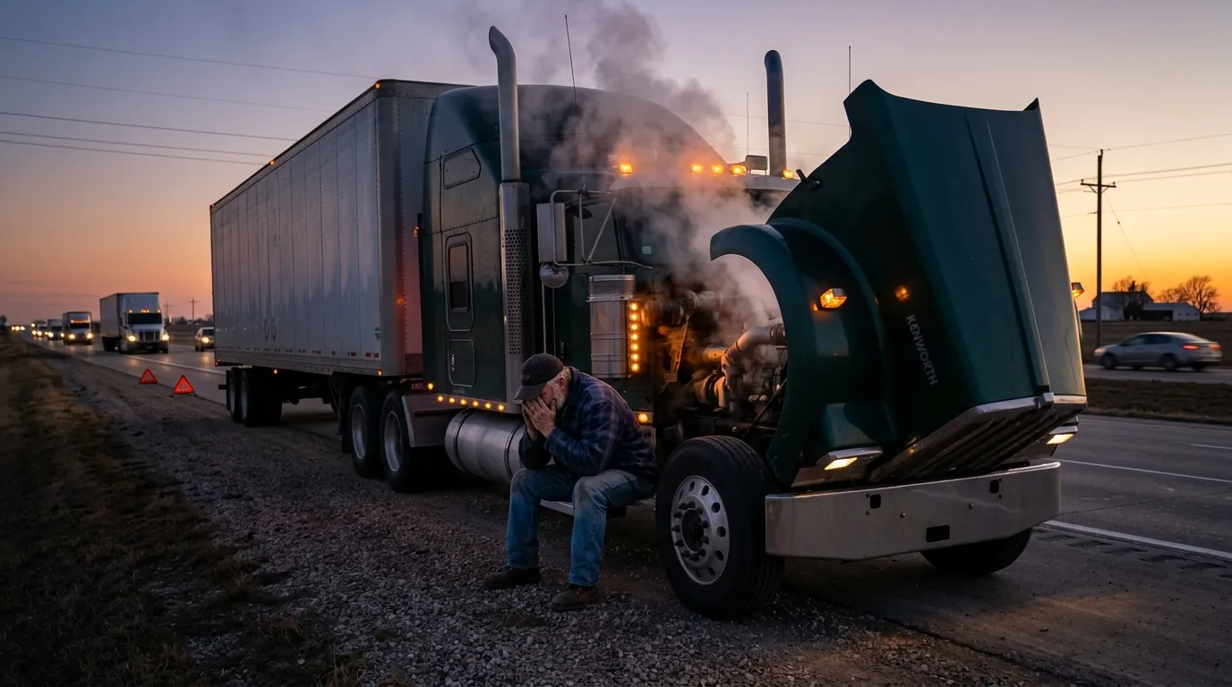 Wesley sitting despondently next to his broken-down semi-truck on the highway
