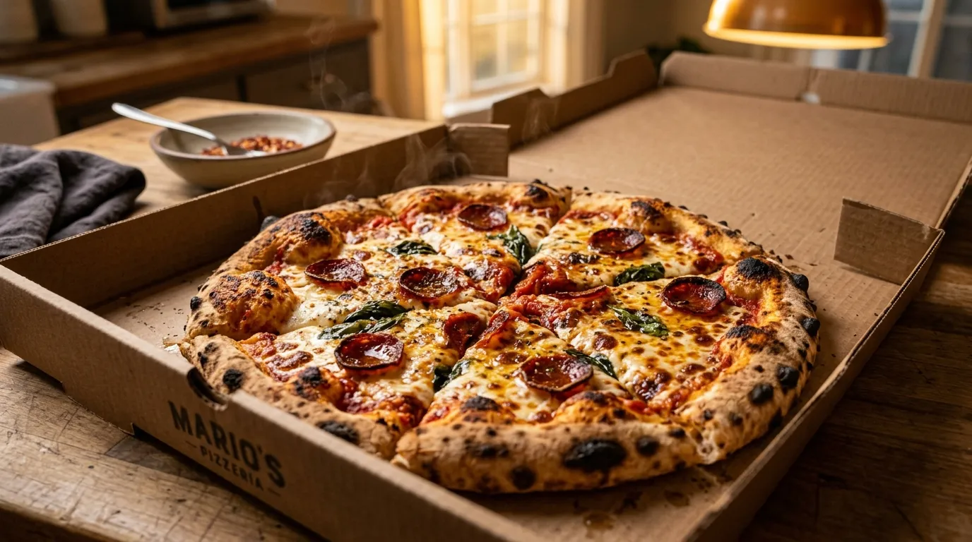 Freshly delivered pizza in a box with golden brown cheese bubbles
