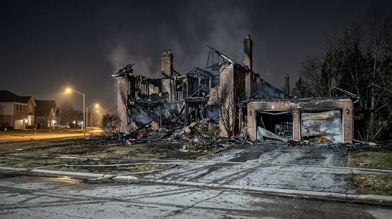 The smoldering, charred remains of a beautiful three-story suburban home at night