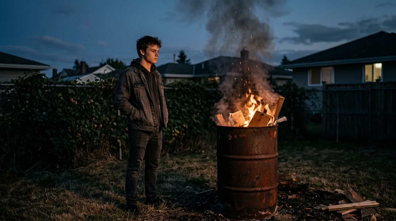Young man calmly watching his belongings burn in a metal barrel at dusk
